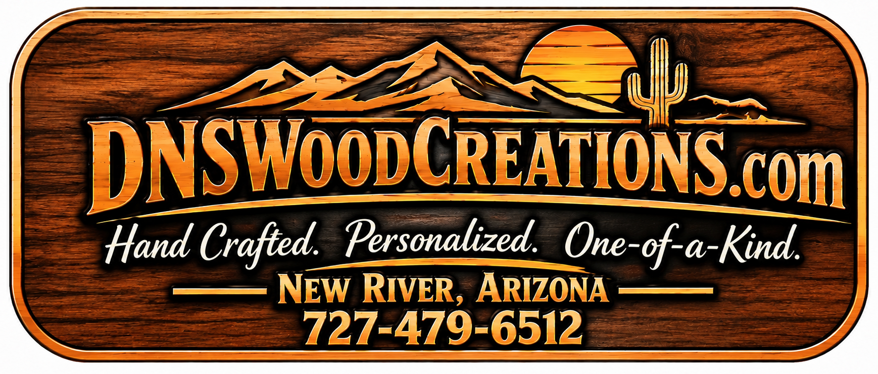 DNSWOODCREATIONS.com handcrafted wooden sign logo with tagline and phone number
