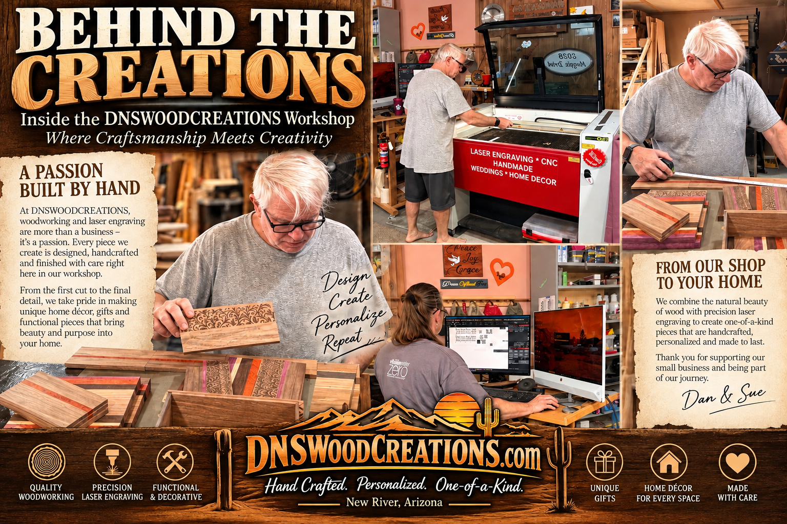 Behind the creations: Dan and Sue woodworking, engraving, and making personalized home décor in their workshop